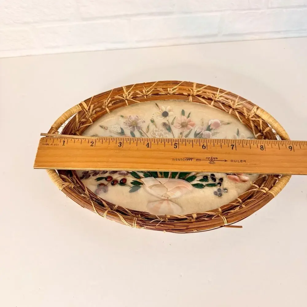 Vintage Shell Folk Art Woven Glass Wicker Tray Floral Bouquet Design 9x6” Granny
